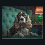 Elegant Cocker Spanel Classic Portrait Design Puzzle<br><div class="desc">Bringen Sie Ihren Produkten zeitlose Eleganz mit diesem schönen Cocker Spaniel Portrait Design. Dieses Design mit einem Cocker Spaniel sitzt auf einem üppig grünen Stuhl und weiche Beleuchtung von einer Vintagen Lampe im Hintergrund, erinnert an ein Gefühl von klassischer Eleganz. Ideal für Hundefreunde, Liebhaber von Haustieren und Liebhaber von Kunstwerken,...</div>