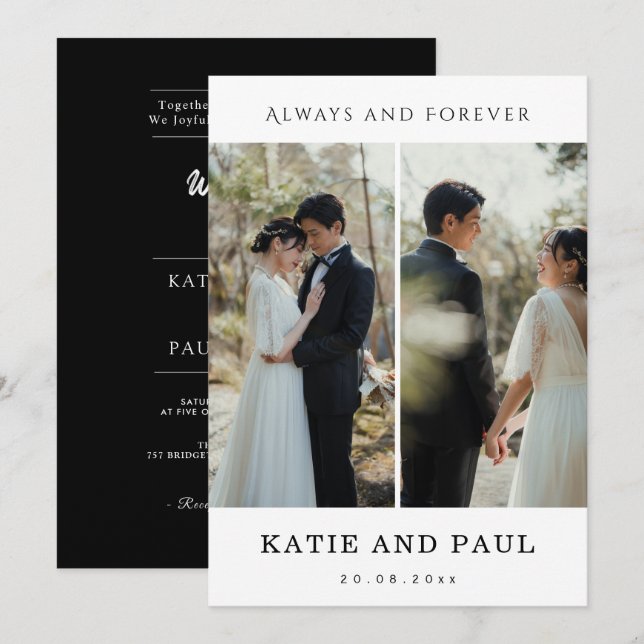 Elegant Collage 2 Photo Modern Black Chic Wedding  Einladung (Vorne/Hinten)