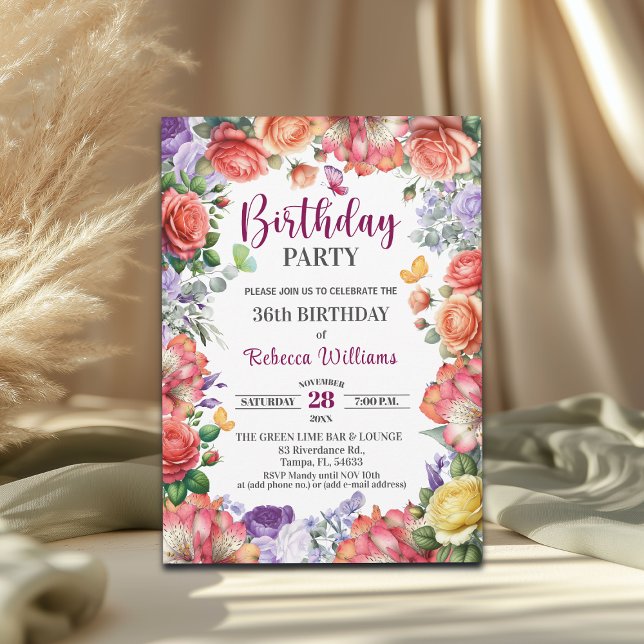 Elegant Colorful Floral 36th Birthday Party Einladung (Von Creator hochgeladen)