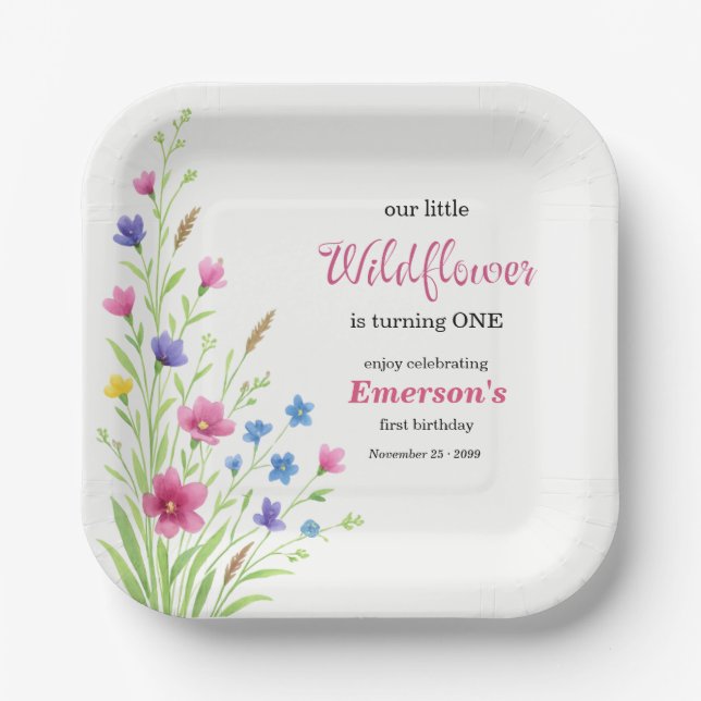 Elegant Colorful Wildflower 1st Birthday Party Pappteller (Vorderseite)