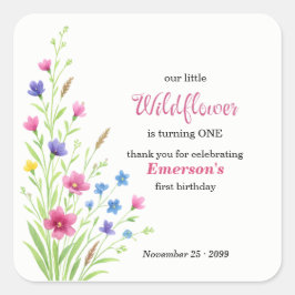 Elegant Colorful Wildflower 1st Birthday Party Quadratischer Aufkleber