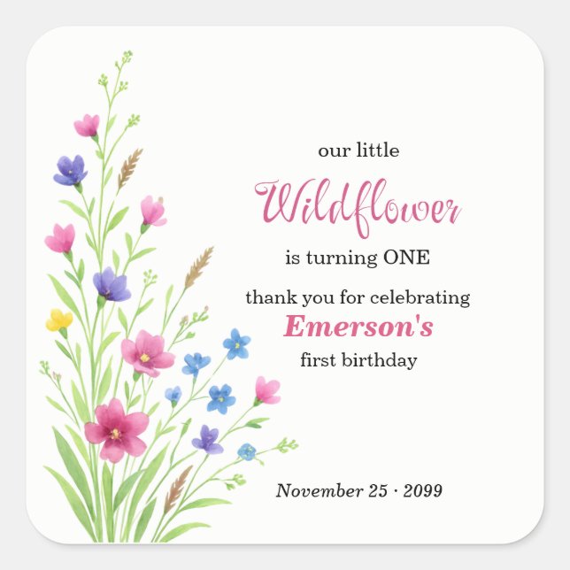 Elegant Colorful Wildflower 1st Birthday Party Quadratischer Aufkleber (Vorderseite)