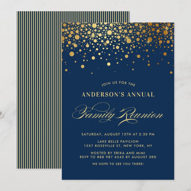 Elegant Confetti Gold Foil Blue Family Wiedersehen Einladung (Vorne/Hinten)