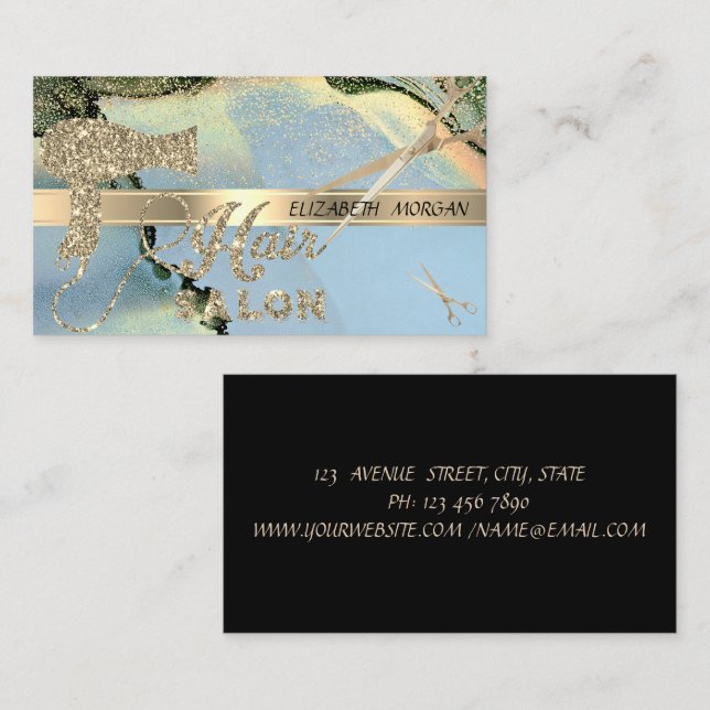 Elegant Confetti, Scheren, Haartrockner Alkoholtin Visitenkarte (Vorne/Hinten)