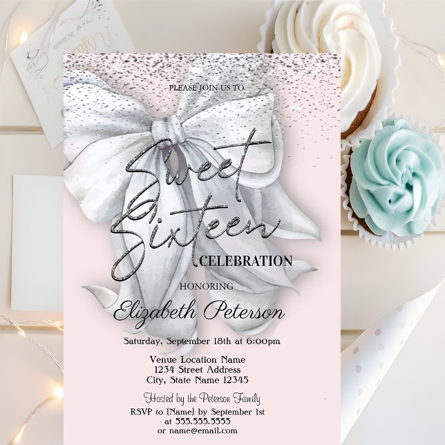 Elegant Confetti White Bow Pink Sweet 16 Einladung (Von Creator hochgeladen)