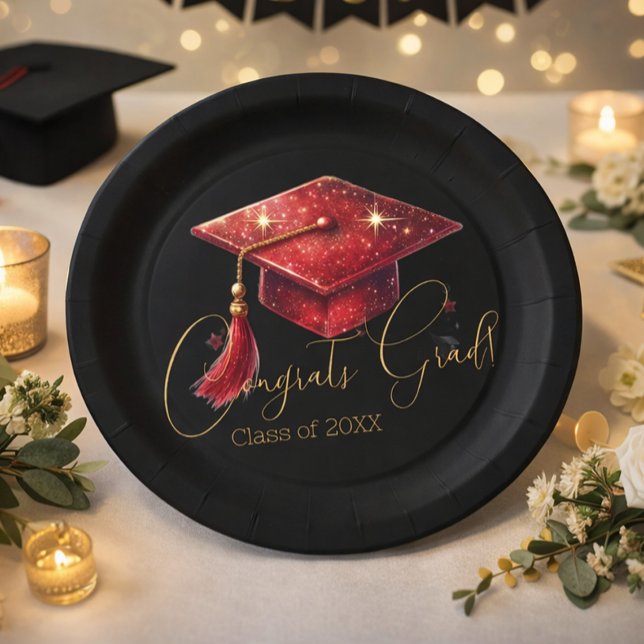 Elegant Congrats Grad Artwork in Red, Gold & Black Pappteller (Von Creator hochgeladen)