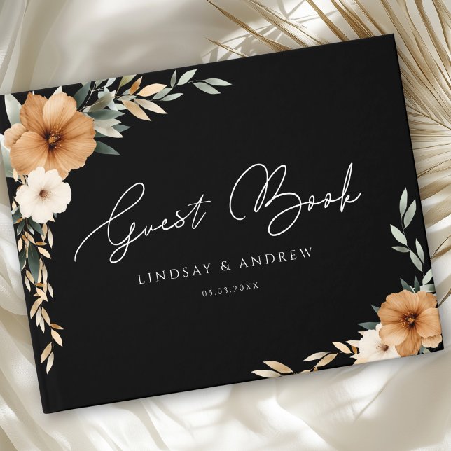 Elegant Copper Earthy Botanical Black Wedding Gästebuch (Elegant Boho Copper Earthy Botanical Black Custom Wedding Guest Book)