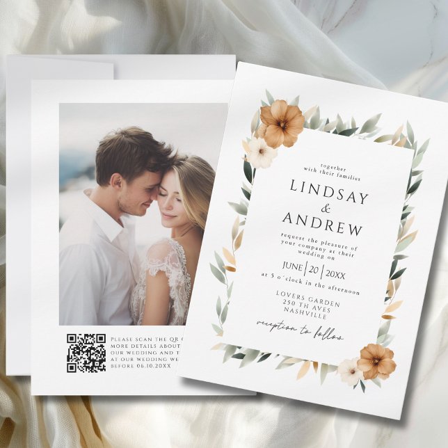 Elegant Copper & Earthy Botanical Photo Wedding Einladung (Elegant Copper & Earthy Botanical Photo & QR Code Wedding Invitation)