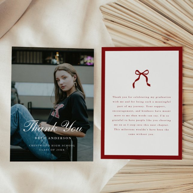 Elegant Coquette Classic Wine Red Graduation Photo Dankeskarte (Von Creator hochgeladen)