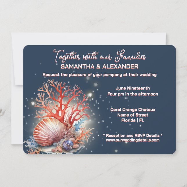 Elegant Coral Blue Beach Wedding Invitation Einladung (Vorderseite)