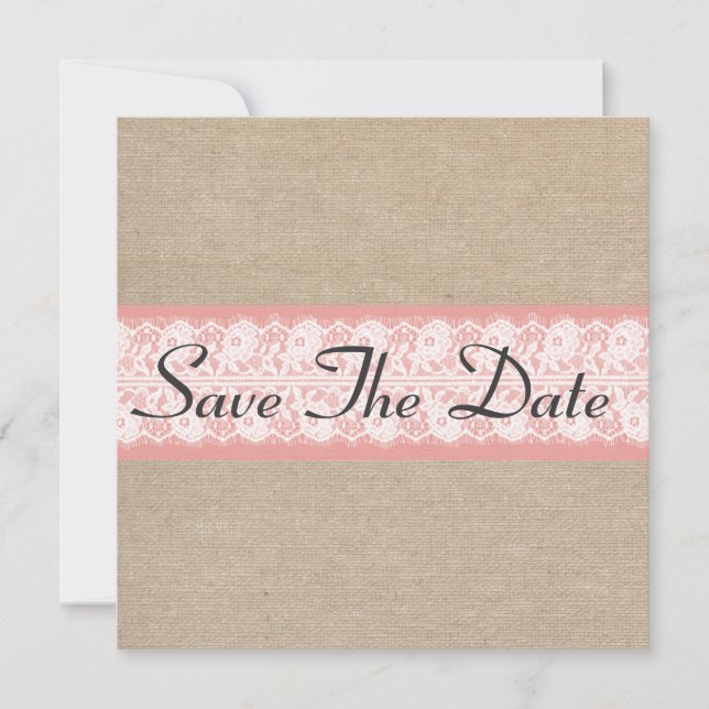 Elegant Coral Burlap Lace Save the Date (Vorderseite)