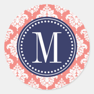 Elegant Coral Damask Personalisiert Runder Aufkleber