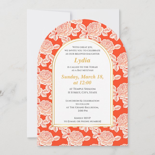 Elegant Coral Floral Bat Mitzvah Einladung (Vorderseite)