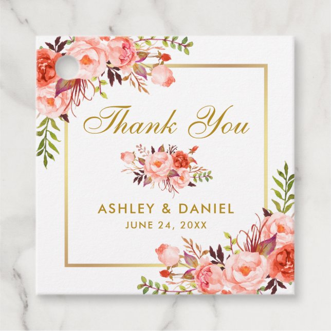 Elegant Coral Floral Gold Hochzeit Vielen Dank Geschenkanhänger (Vorderseite)