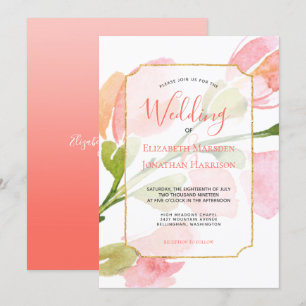 Elegant Coral Floral Ombre Gold Geometric Wedding Einladung