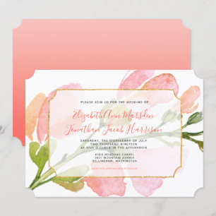 Elegant Coral Floral Ombre Gold Geometric Wedding Einladung