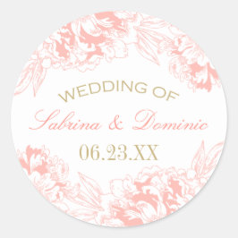Elegant Coral Gold Floral Peony Wedding Monogram Runder Aufkleber