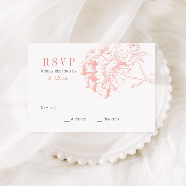 Elegant Coral Gray Floral Peony Wedding RSVP Karte (Von Creator hochgeladen)