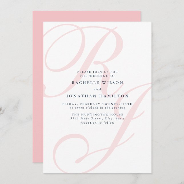 Elegant Coral Wedding Monogram Minimale Einladung (Vorne/Hinten)