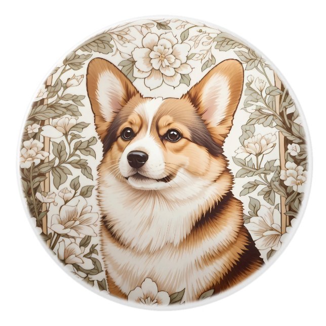 Elegant Corgi Cream Floral William Morris Inspired Keramikknauf (Vorderseite)