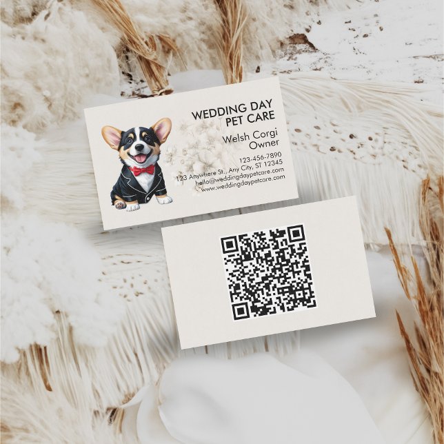 Elegant Corgi Wedding Day Pet Care Visitenkarte (Elegant Corgi Wedding Day Pet Care Business Card)