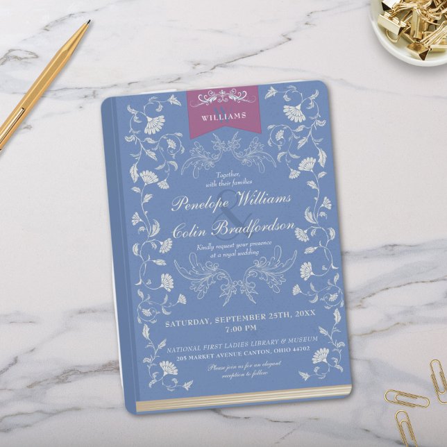Elegant Cornflower Blue Floral Book Cover Wedding Einladung (Elegant Light Blue and Purple Wedding Invitation with White Floral Design and Book Cover Aesthetics)