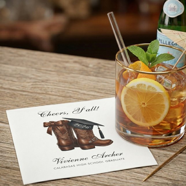 Elegant Cowgirl Bow Boots Graduation Serviette (Country Chic Graduation Cocktail Napkin)