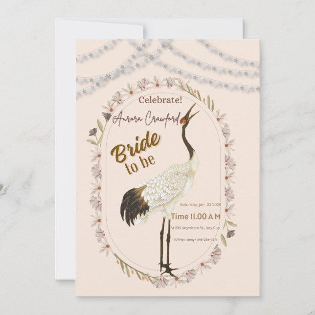 Elegant Crane Floral Border Bridal Shower Invitati Einladung (Vorderseite)