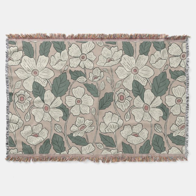 Elegant Cream Beige & Green Illustrated Floral  Decke (Vorderseite)
