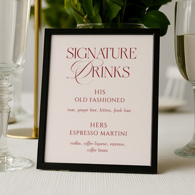 Elegant Cream & Burgundy Wedding Signature Drinks Poster (Von Creator hochgeladen)