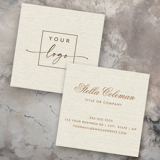 Elegant cream ivory linen look custom logo quadratische visitenkarte (Elegant cream ivory linen look custom logo square business card)