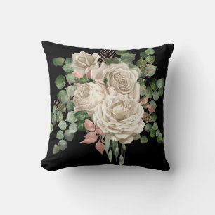 ELEGANT CREAM ROSE EUCALYPTUS CUSHION BLACK KISSEN
