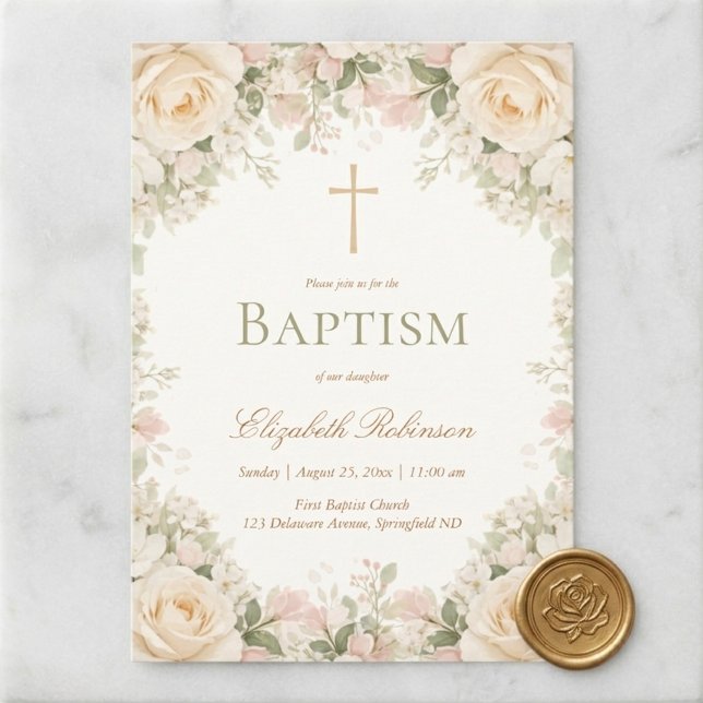 Elegant Cream Rose Floral Cross Baptism Einladung (Von Creator hochgeladen)
