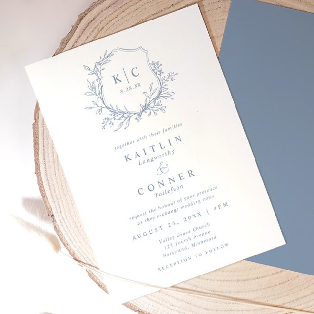 Elegant Crest Dusty Blue Classic Formal Wedding Einladung (Elegant dusty blue wedding invitation with vintage crest, monogram, and botanical details)