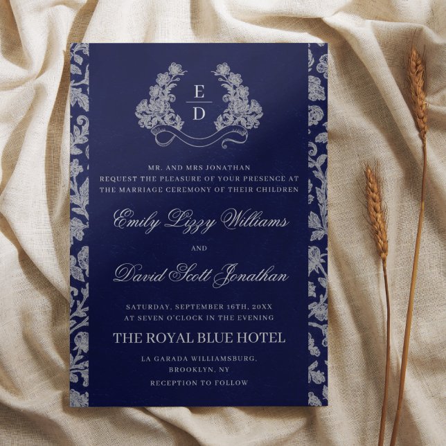 Elegant Crest Monogram Navy Heritage Wedding Einladung (Von Creator hochgeladen)