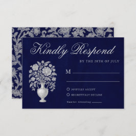 Elegant Crest Monogram Navy Heritage Wedding RSVP Karte