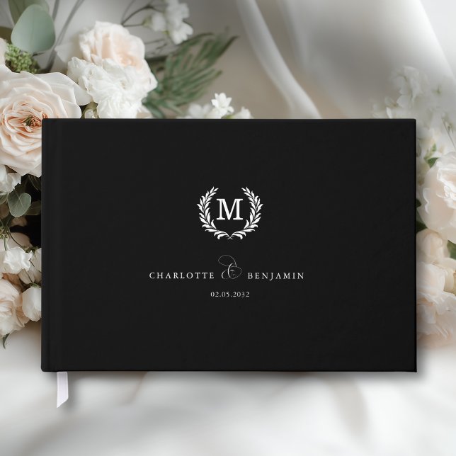 Elegant Crest Monogram Wedding Black Gästebuch (Elegant Crest Monogram Wedding Black Guest Book)