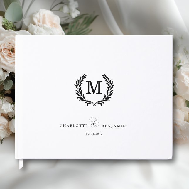 Elegant Crest Monogram Wedding White Gästebuch (Custom Elegant Crest Monogram Wedding White Guest Book)