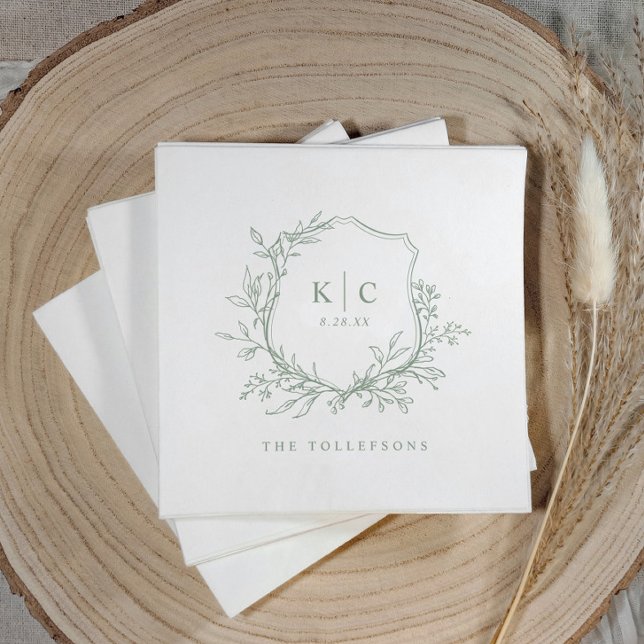 Elegant Crest Sage Green Wedding Logo Serviette (Elegant sage green wedding logo napkins with classic crest, initials, and simple traditional design)