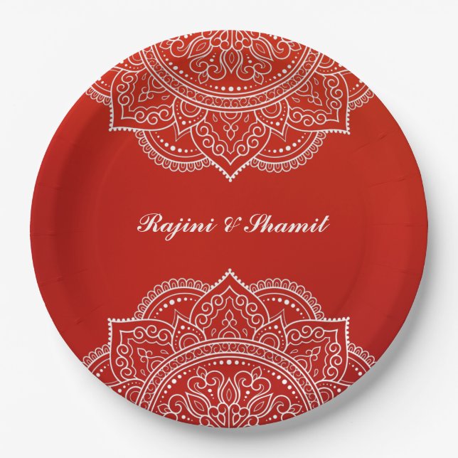 Elegant Crimson White Mandala Indian Hindu Wedding Pappteller (Vorderseite)