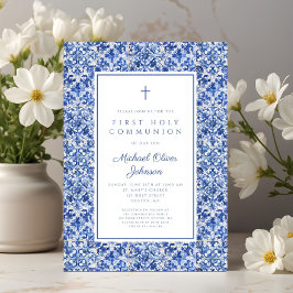 Elegant Cross Blue Tiles Boy First Communion Einladung
