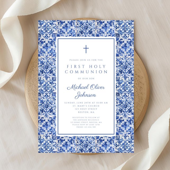 Elegant Cross Blue Tiles Boy First Communion Einladung (Elegant Cross Blue Tiles Boy First Communion Invitation)
