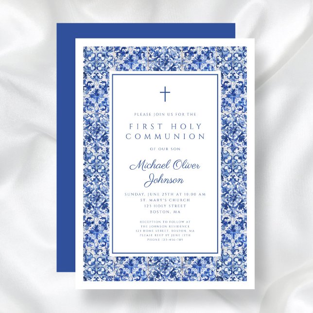 Elegant Cross Blue Tiles Boy First Communion Einladung (Elegant Cross Blue Tiles Boy First Communion Invitation)