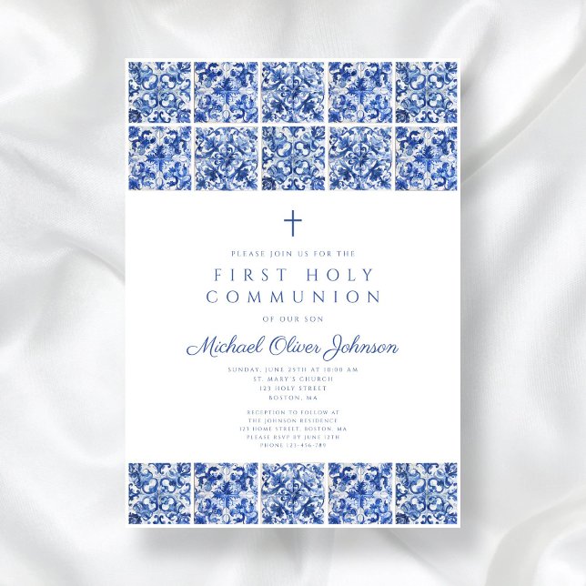 Elegant Cross Blue Tiles Boy First Communion Einladung (Elegant Cross Blue Tiles Boy First Communion Invitation)