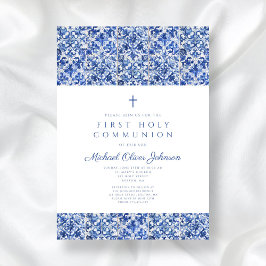 Elegant Cross Blue Tiles Boy First Communion Einladung
