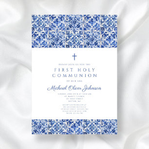 Elegant Cross Blue Tiles Boy First Communion Einladung