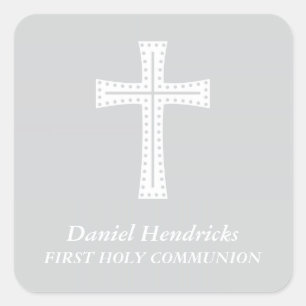 Elegant Cross First Heilige Kommunion Gunst Quadratischer Aufkleber