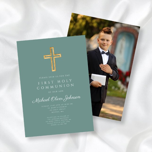 Elegant Cross Foto Boy First Communion Einladung (Elegant Cross Photo Boy First Communion Invitation)