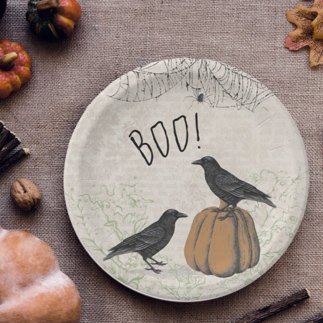 Elegant Crow Halloween Pappteller (Vintage Gothic Halloween Party Plate)