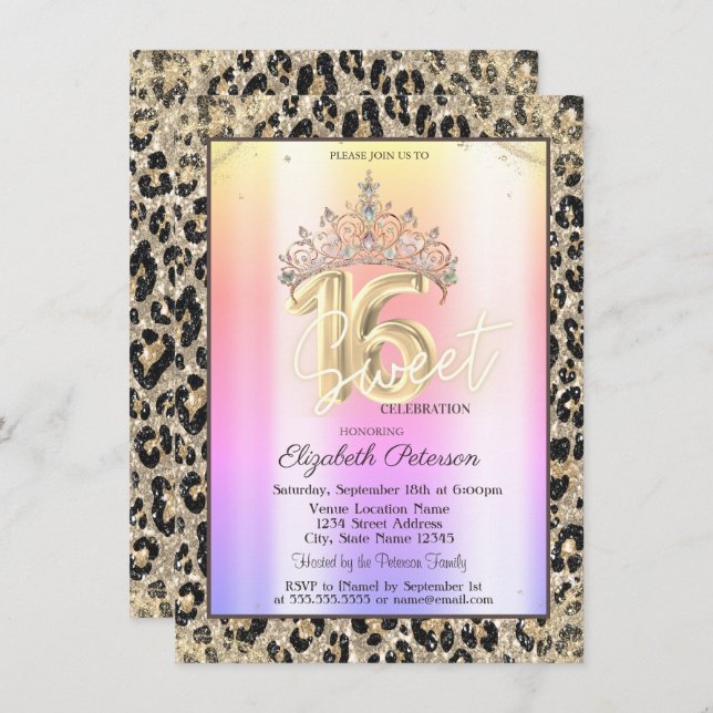 Elegant Crown Colorful Leopard Print Sweet 16   Einladung (Vorne/Hinten)